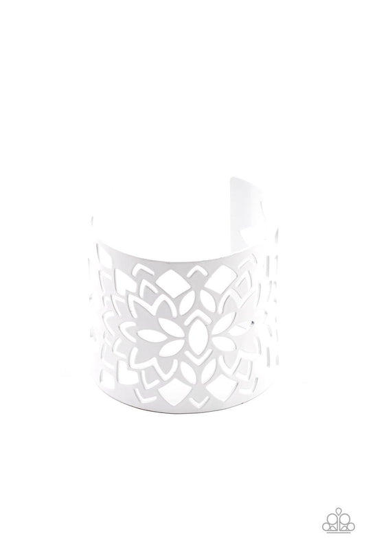 Paparazzi Accessories Hacienda Hotspot - White Featuring an airy floral stenciled design, a shiny white cuff wraps around the wrist for a vivacious finish. Sold as one individual bracelet. Jewelry