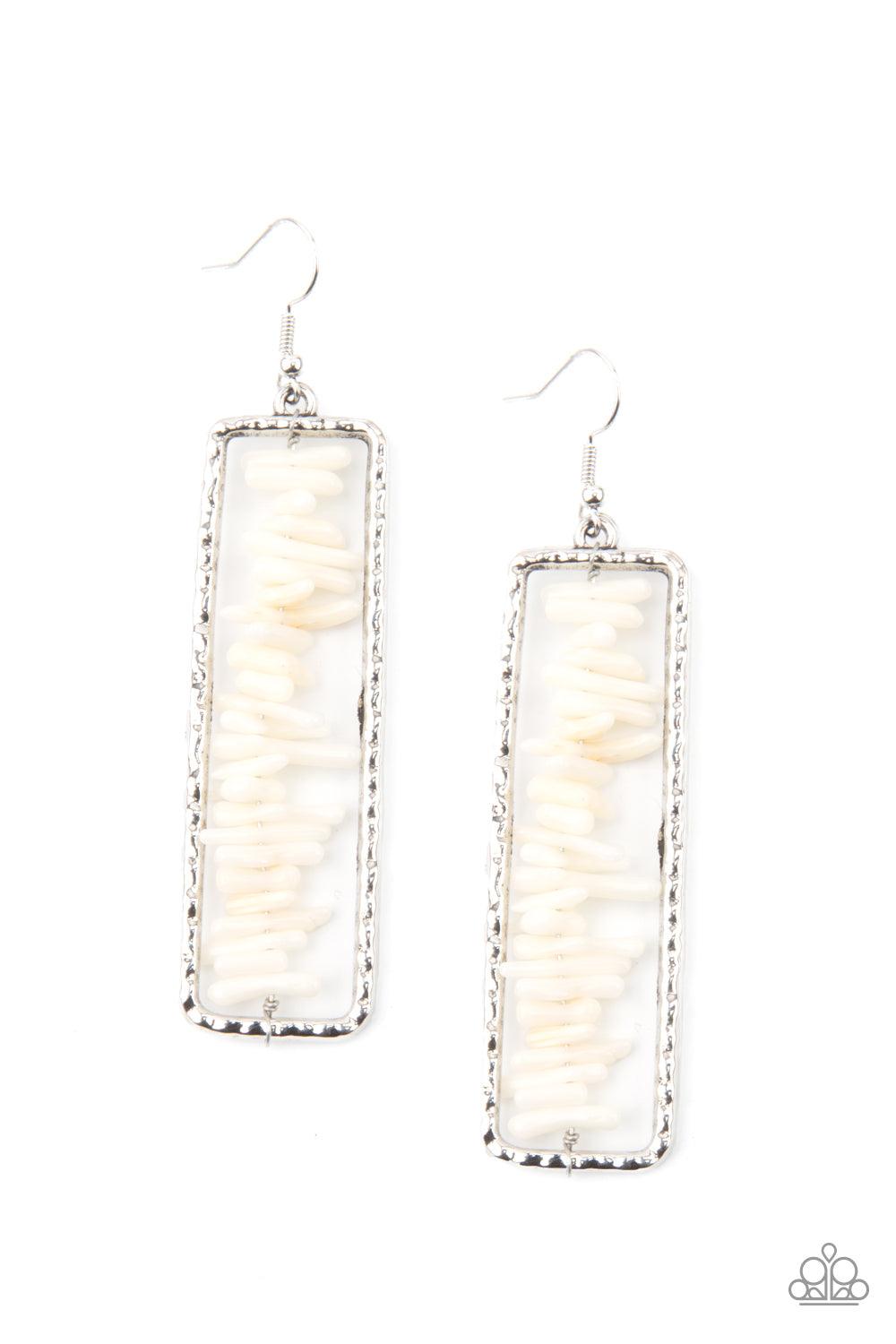 Paparazzi Accessories Dont QUARRY, Be Happy - White Bits of white rock are threaded along a metal rod inside a hammered silver rectangle, creating an earthy frame. Earring attaches to a standard fishhook fitting. Sold as one pair of earrings. Earrings