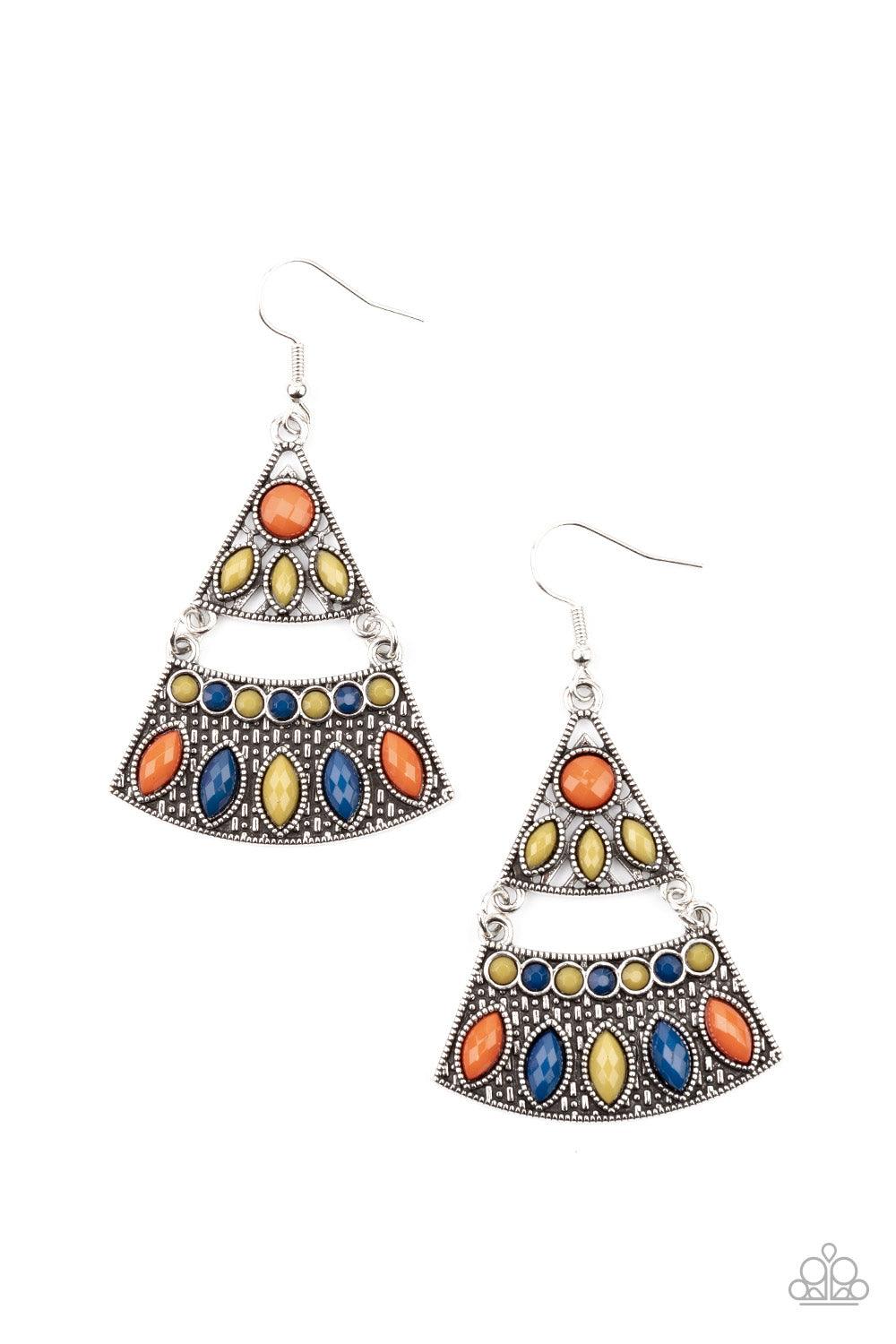 Paparazzi Accessories Desert Fiesta - Multi Mismatched blue, green, and Rust colored beads adorn the fronts of studded triangular and rectangular silver frames that link into a tribal inspired lure. Earring attaches to a standard fishhook fitting. Sold as