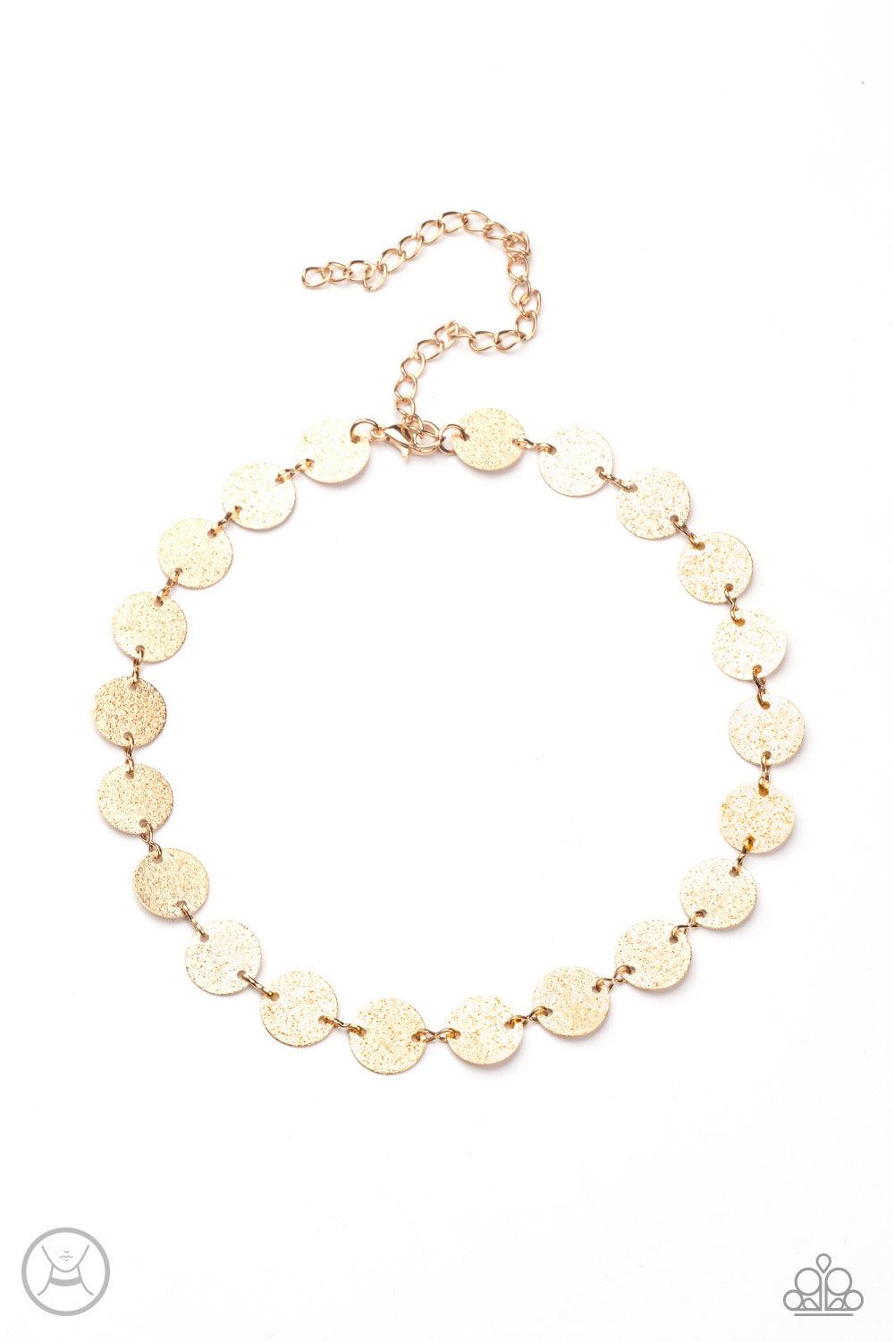 Paparazzi Accessories Reflection Detection - Gold Hammered in shimmery detail, a shiny collection of dainty gold discs delicately link into a blinding display around the neck. Features an adjustable clasp closure. Sold as one individual choker necklace. I