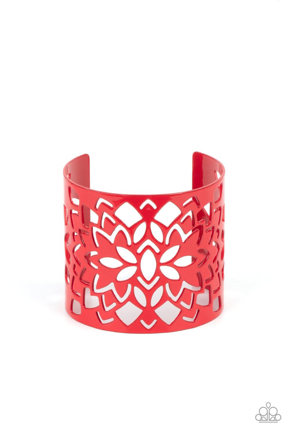 Paparazzi Accessories Hacienda Hotspot - Red Featuring an airy floral stenciled design, a flamboyant red cuff wraps around the wrist for a vivacious finish. Sold as one individual bracelet. Jewelry