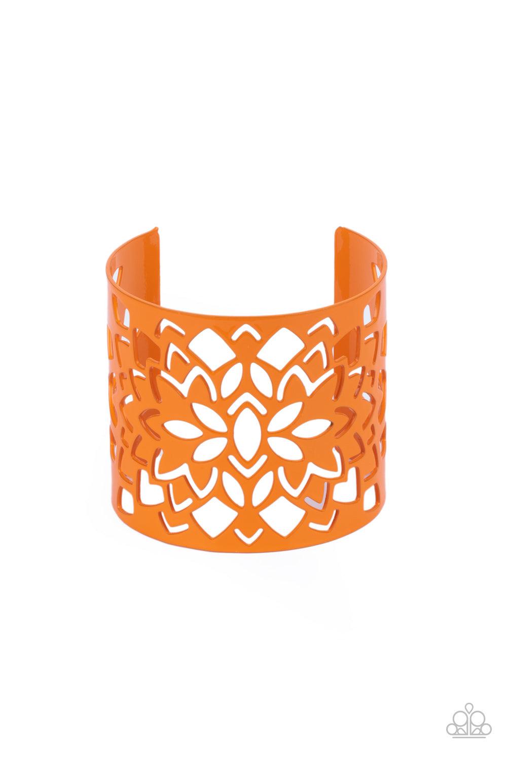 Paparazzi Accessories Hacienda Hotspot - Orange Featuring an airy floral stenciled design, a flamboyant orange cuff wraps around the wrist for a vivacious finish. Sold as one individual bracelet. Jewelry