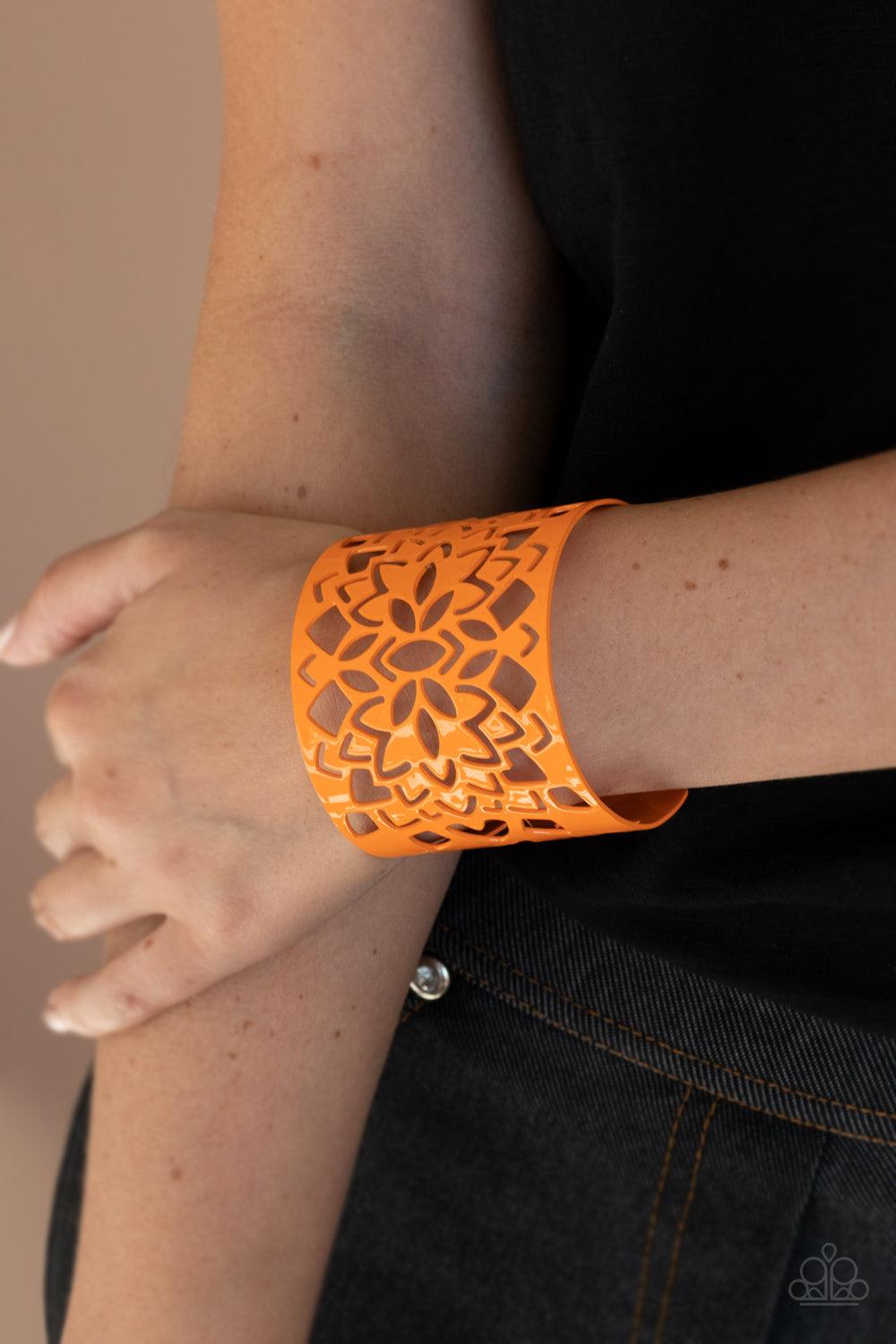 Paparazzi Accessories Hacienda Hotspot - Orange Featuring an airy floral stenciled design, a flamboyant orange cuff wraps around the wrist for a vivacious finish. Sold as one individual bracelet. Jewelry