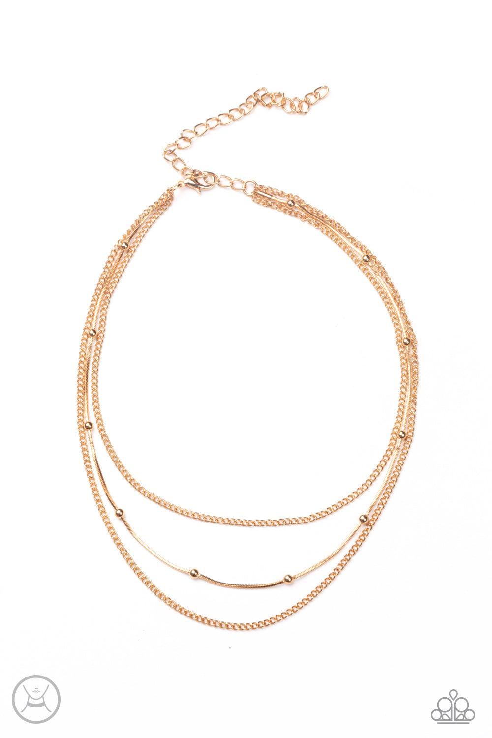 Paparazzi Accessories Subtly Stunning - Gold Infused with two dainty gold chains, a gold beaded snake chain wraps around the neck for a stunning layered look. Features an adjustable clasp closure. Sold as one individual choker necklace. Includes one pair