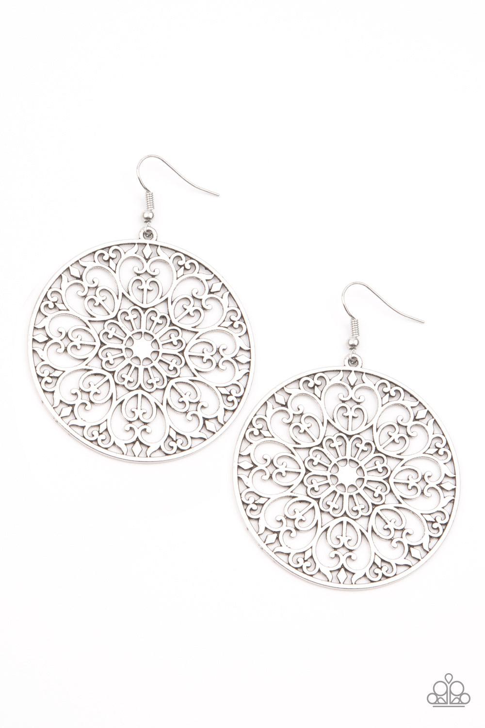 Paparazzi Accessories Make A MANDALA Out Of You - Silver Decorative silver filigree fills the center of a silver hoop, creating a whimsical mandala pattern. Earring attaches to a standard fishhook fitting. Sold as one pair of earrings. Jewelry