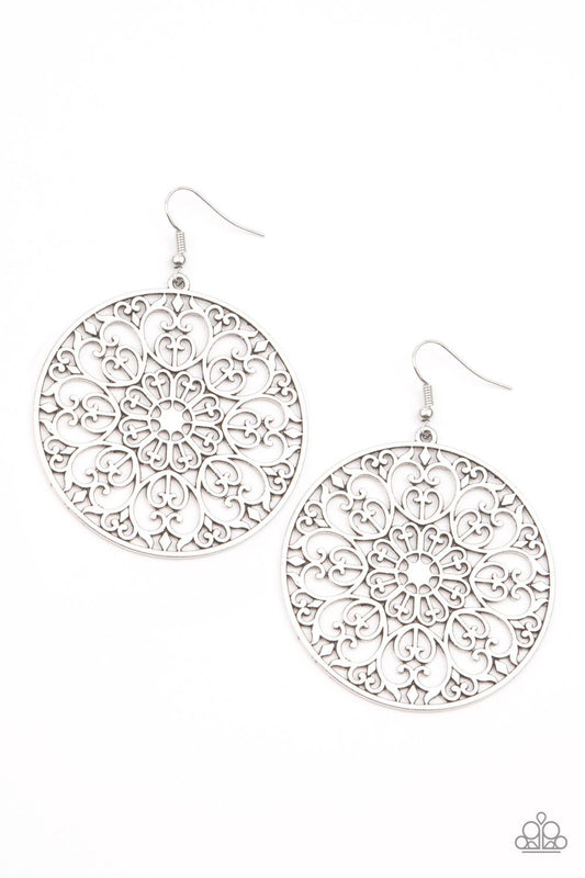Paparazzi Accessories Make A MANDALA Out Of You - Silver Decorative silver filigree fills the center of a silver hoop, creating a whimsical mandala pattern. Earring attaches to a standard fishhook fitting. Sold as one pair of earrings. Jewelry