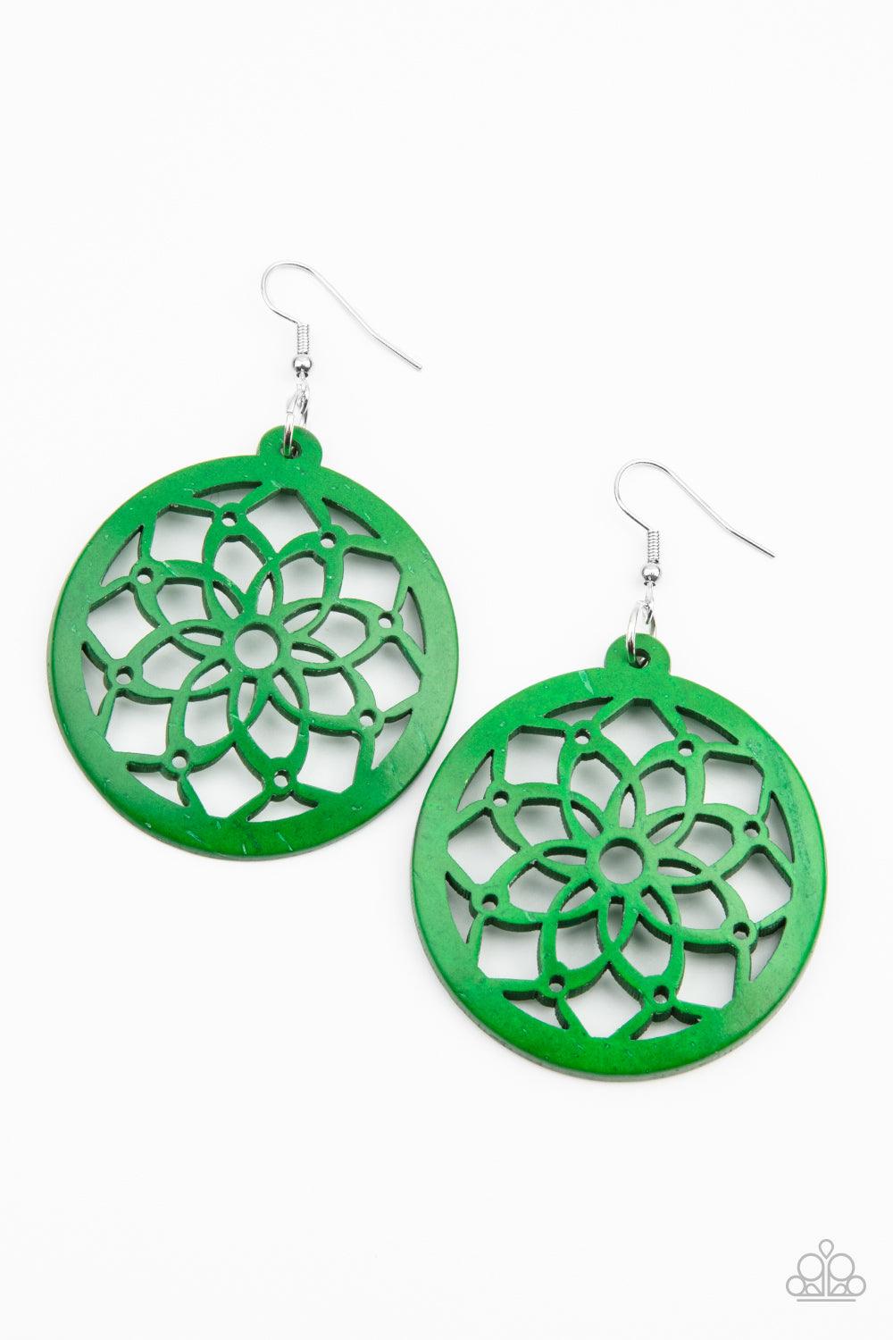 Paparazzi Accessories Mandala Meadow - Green The center of a green wooden frame has been cutout in an airy mandala-like pattern, creating a colorful flower. Earring attaches to a standard fishhook fitting. Sold as one pair of earrings. Jewelry