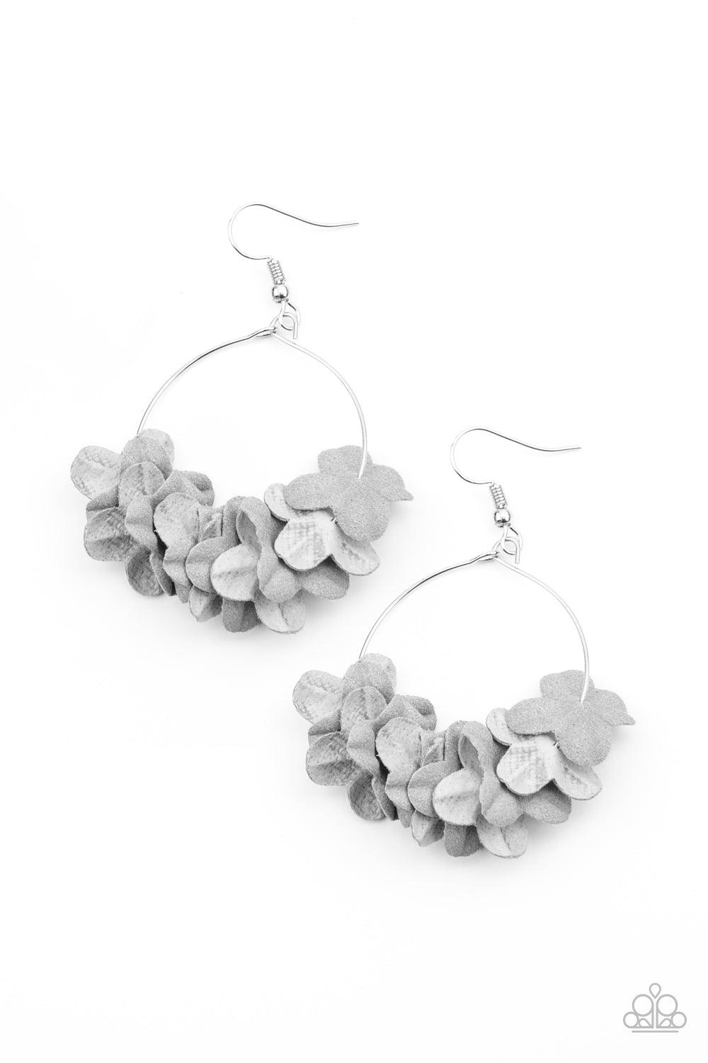 Paparazzi Accessories Flirty Florets - Silver A collection of gray paper-like flowers are threaded along a dainty silver hoop, creating a flirtatious floral fringe. Earring attaches to a standard fishhook fitting. Sold as one pair of earrings. Jewelry