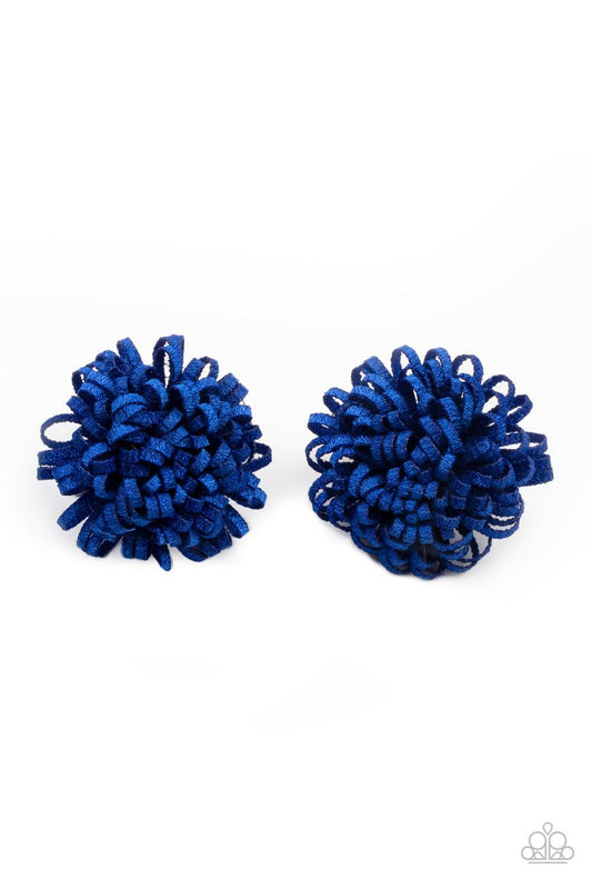 Paparazzi Accessories Pretty in Posy - Blue Shimmery blue ribbon curls into a pair of bouncy blossoms for a colorful springtime look. Each flower features a standard hair clip on the back. Sold as one pair of hair clips. Jewelry