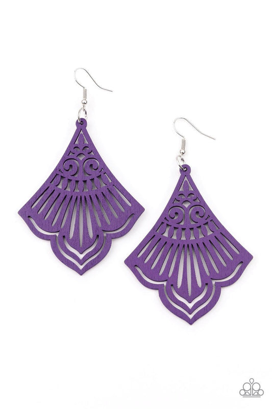 Paparazzi Accessories Eastern Escape - Purple Painted in a vivacious purple finish, a scalloped wooden frame is cutout in airy stenciled details for a whimsical finish. Earring attaches to a standard fishhook fitting. Sold as one pair of earrings. Jewelry