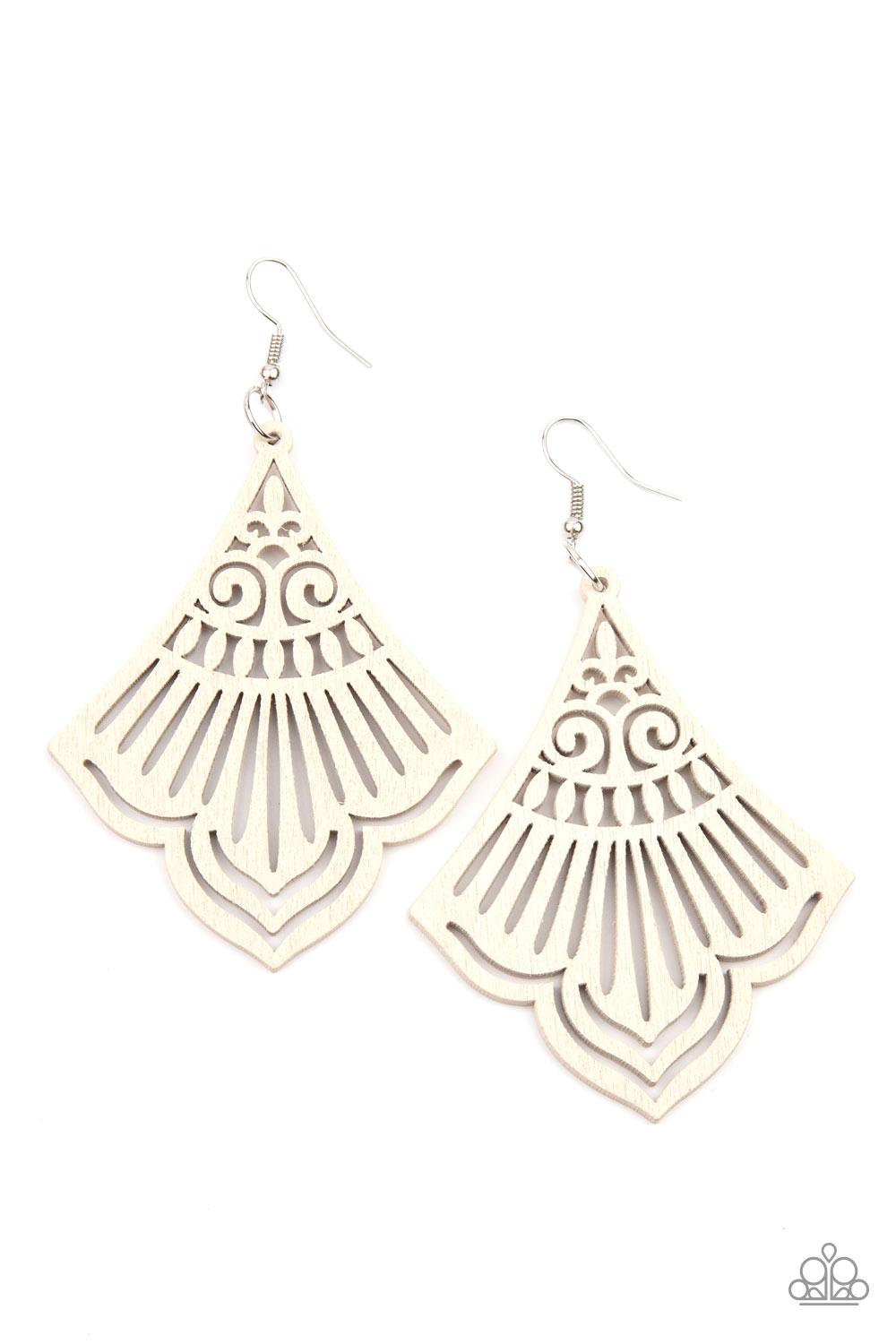 Paparazzi Accessories Eastern Escape - White Painted in a rustic white finish, a scalloped wooden frame is cutout in airy stenciled details for a whimsical finish. Earring attaches to a standard fishhook fitting. Sold as one pair of earrings. Jewelry