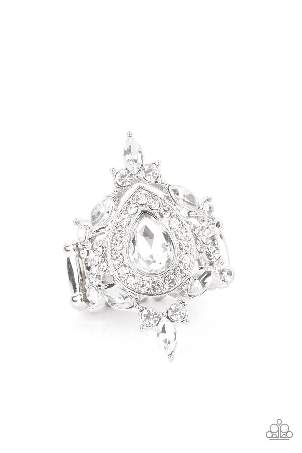 Paparazzi Accessories Mega Stardom - White Featuring classic round and regal marquise cuts, dainty white rhinestones delicately join into a stellar frame. Encrusted in glassy white rhinestones, an oversized teardrop gem sits atop the center of a sparkly b