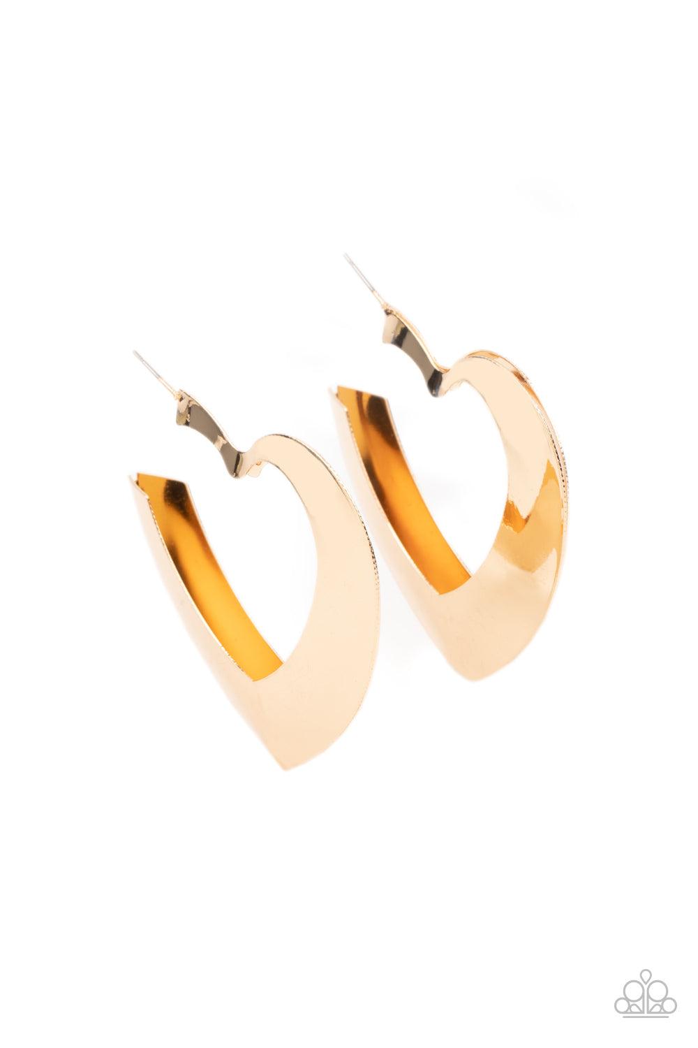 Paparazzi Accessories Heart-Racing Radiance - Gold Flat gold frames delicately collect into a voluminous heart shaped hoop for a flirtatious display. Earring attaches to a standard post fitting. Hoop measures approximately 2 1/4" in diameter. Sold as one
