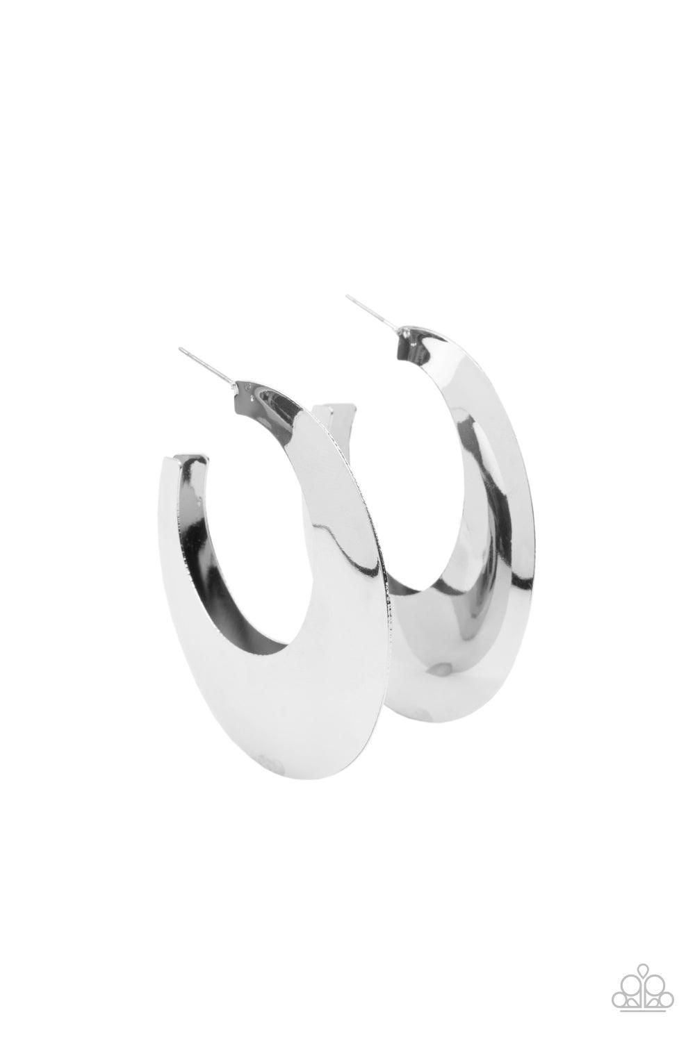 Paparazzi Accessories Going OVAL-board - Silver Two silver frames join into a beveled oval shaped hoop, creating a bold pop of metallic shimmer. Earring attaches to a standard post fitting. Hoop measures approximately 1 3/4" in diameter. Sold as one pair