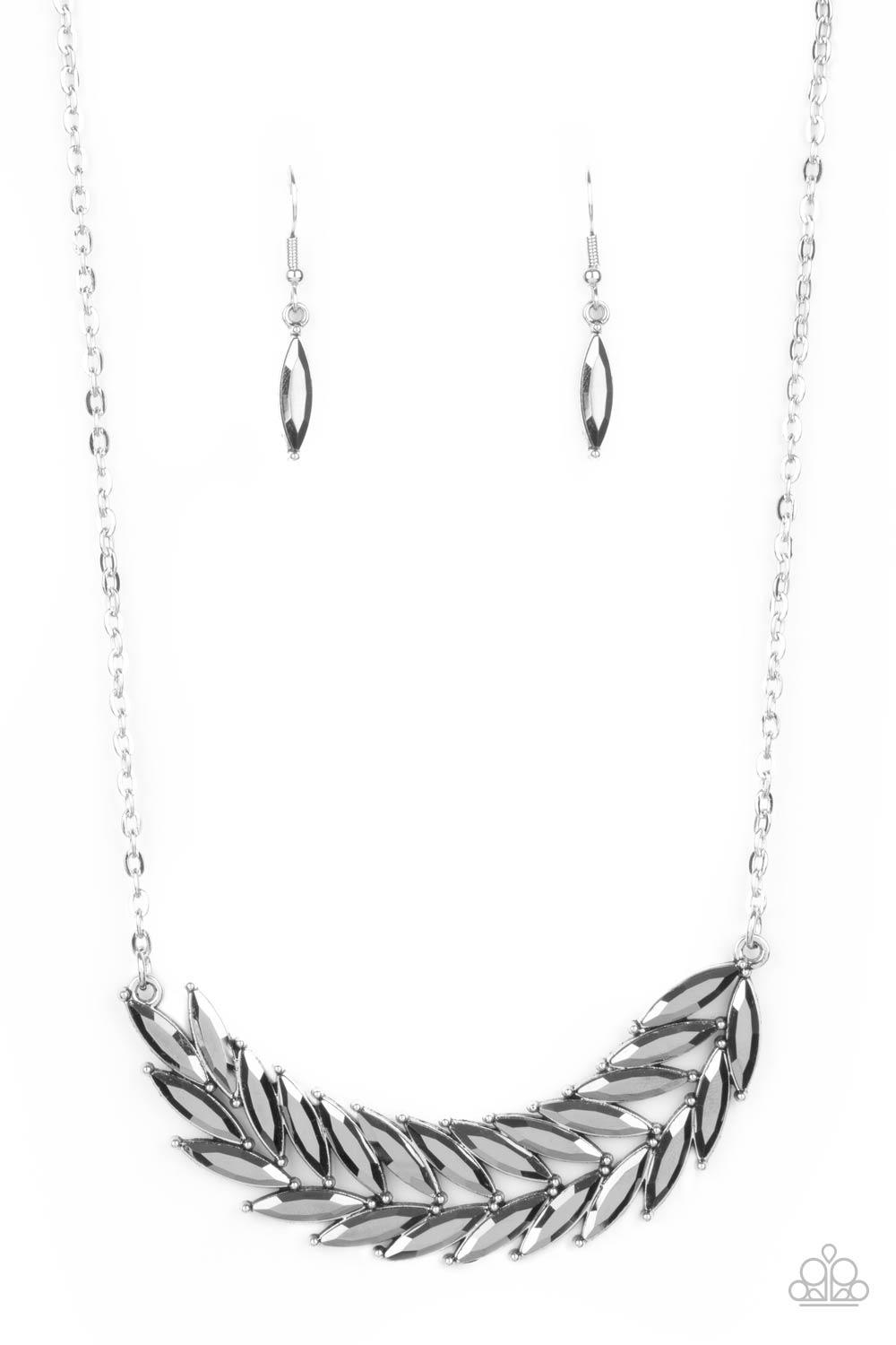 Paparazzi Accessories Flight of FANCINESS - Silver A glittery collection of marquise hematite rhinestones delicately connect into a twinkly feather, creating a sparkly stationary pendant below the collar. Features an adjustable clasp closure. Sold as one
