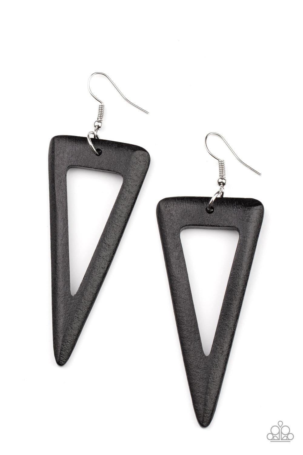 Paparazzi Accessories Bermuda Backpacker - Black Painted in a shiny black finish, a sharp triangular wooden frame swings from the ear for a fiercely earthy look. Earring attaches to a standard fishhook fitting. Sold as one pair of earrings. Jewelry