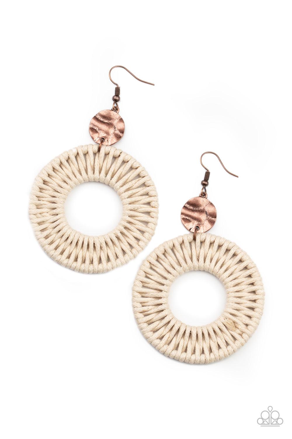 Paparazzi Accessories Total Basket Case - Copper White twine-like cording weaves around two copper rings, creating a woven hoop at the bottom of a hammered copper disc. Earring attaches to a standard fishhook fitting. Sold as one pair of earrings. Jewelry