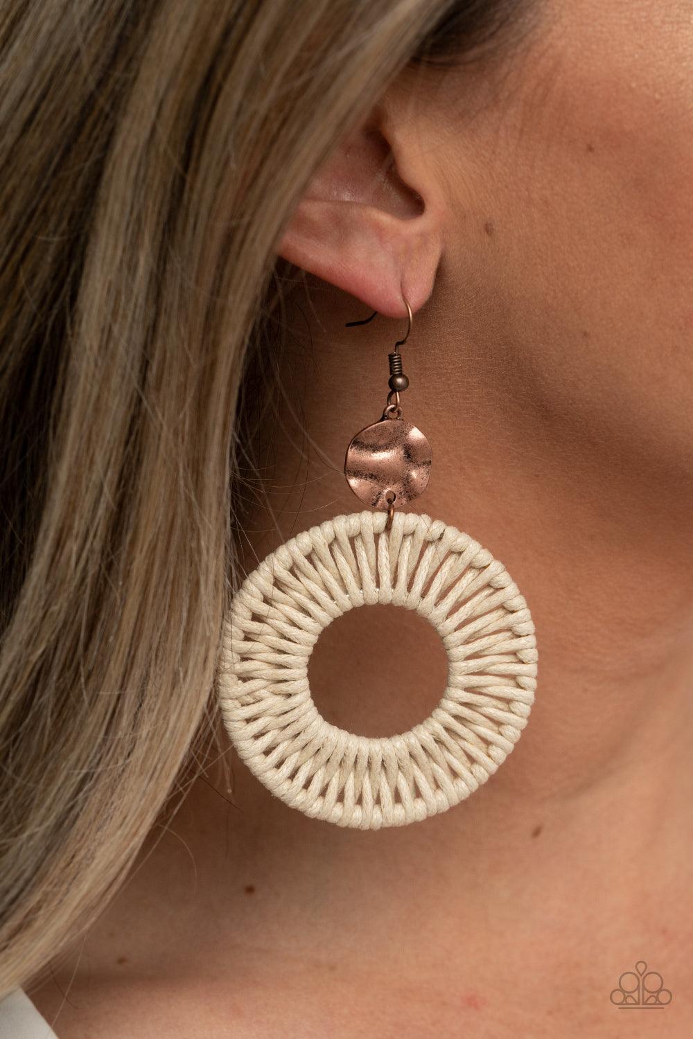 Paparazzi Accessories Total Basket Case - Copper White twine-like cording weaves around two copper rings, creating a woven hoop at the bottom of a hammered copper disc. Earring attaches to a standard fishhook fitting. Sold as one pair of earrings. Jewelry