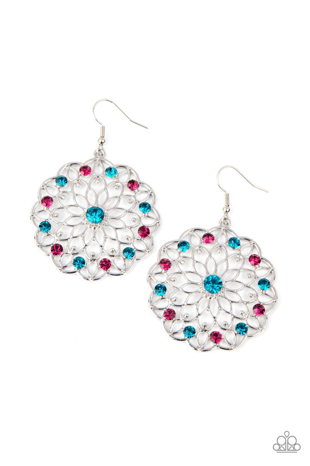 Paparazzi Accessories Posy Proposal - Multi Sparkly blue and pink rhinestones dot shimmery silver petals that fan out into a colorful blossom, creating a glittery floral frame. Earring attaches to a standard fishhook fitting. Sold as one pair of earrings.