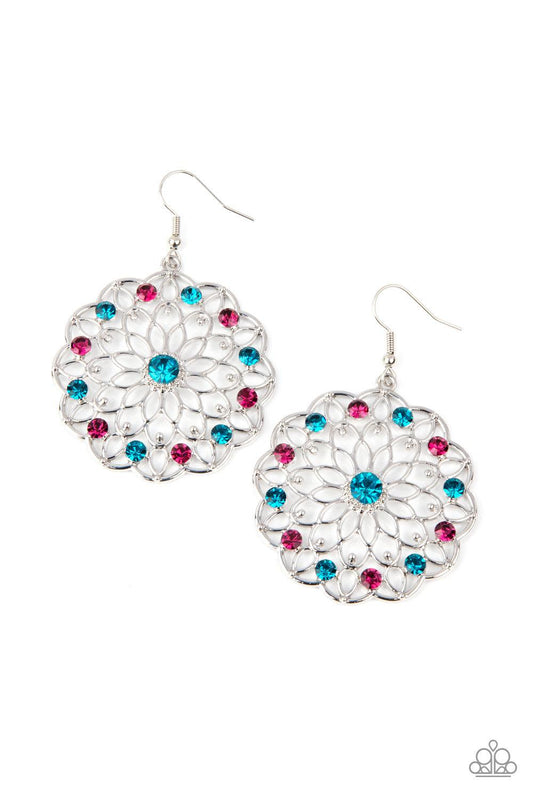 Paparazzi Accessories Posy Proposal - Multi Sparkly blue and pink rhinestones dot shimmery silver petals that fan out into a colorful blossom, creating a glittery floral frame. Earring attaches to a standard fishhook fitting. Sold as one pair of earrings.