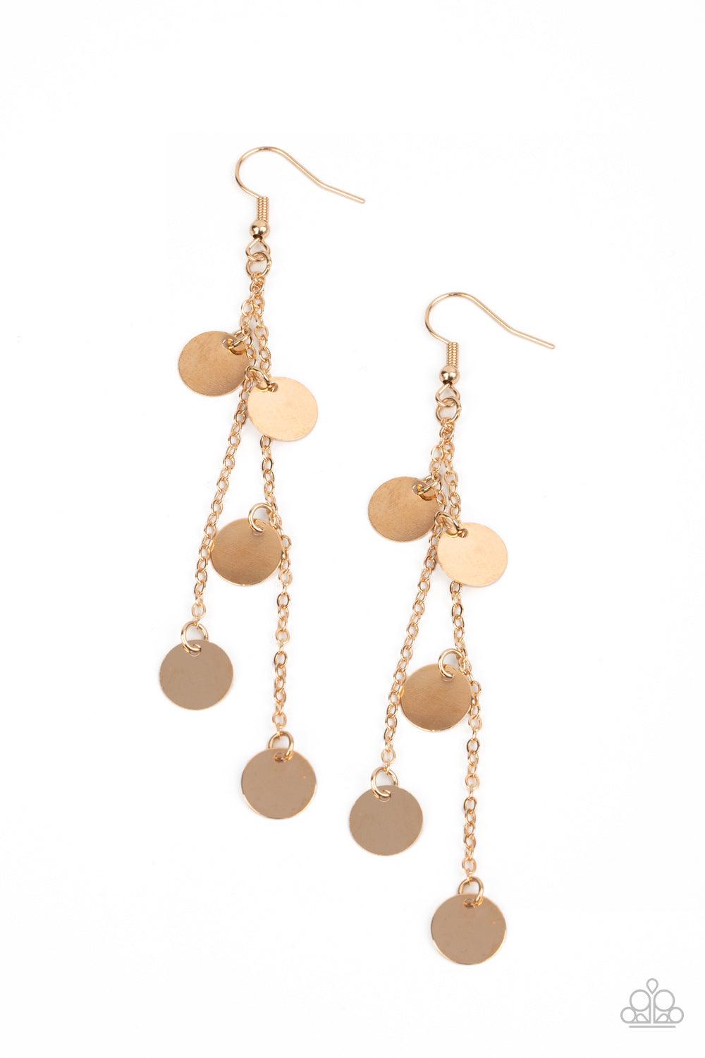 Paparazzi Accessories Take A Good Look - Gold Dainty gold discs haphazardly swing from two dainty gold chains, coalescing into a noisemaking shimmer. Earring attaches to a standard fishhook fitting. Sold as one pair of earrings. Earrings