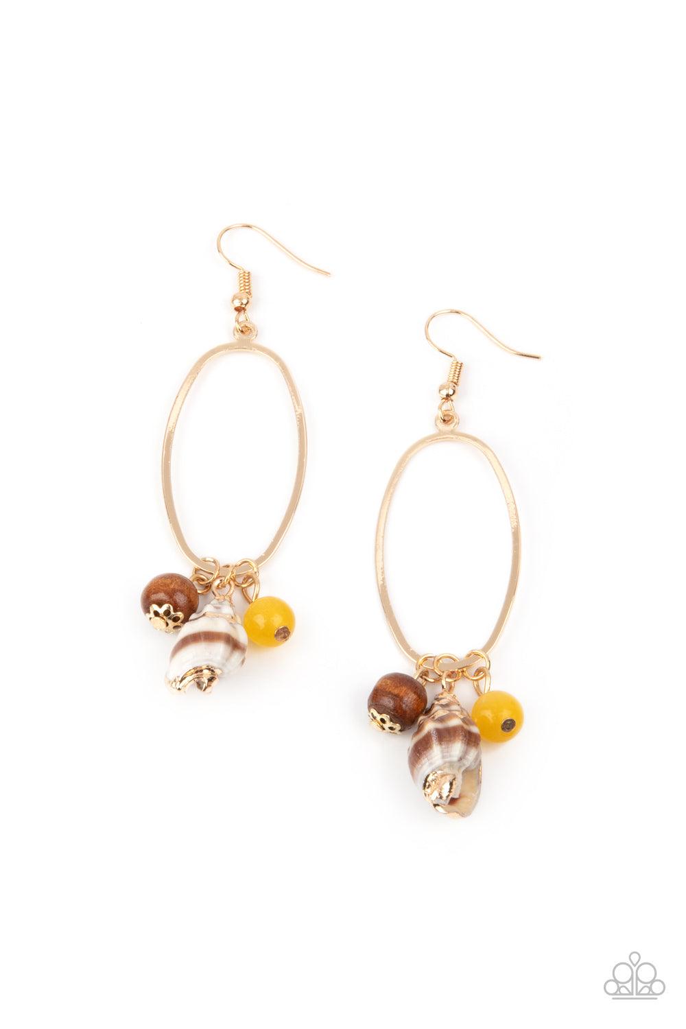 Paparazzi Accessories Golden Grotto - Yellow A gilded seashell, earthy wooden bead, and glassy yellow stone bead glide along the bottom of a glistening gold oval, creating a refined beach inspired fringe. Earring attaches to a standard fishhook fitting. S