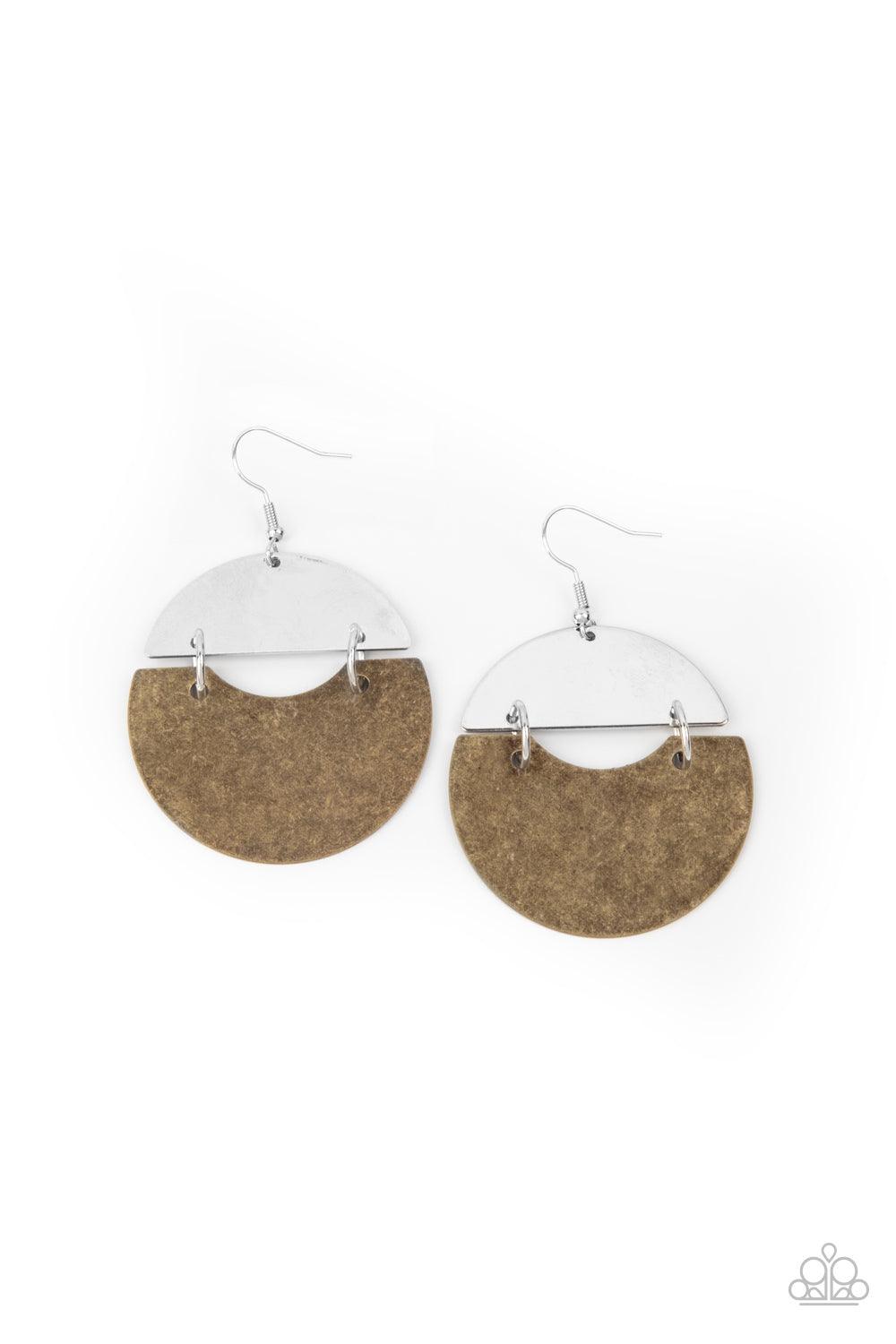 Paparazzi Accessories Watching The Sunrise - Brass An antiqued brass frame links to a shiny silver crescent, creating a rustic lure. Earring attaches to a standard fishhook fitting. Sold as one pair of earrings. Jewelry