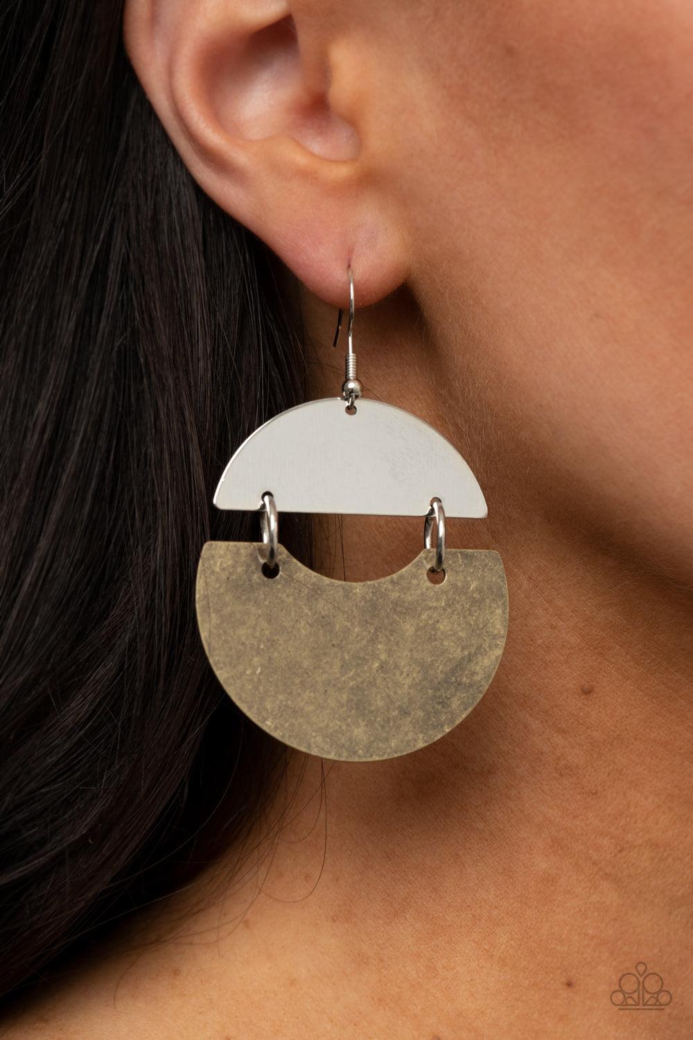 Paparazzi Accessories Watching The Sunrise - Brass An antiqued brass frame links to a shiny silver crescent, creating a rustic lure. Earring attaches to a standard fishhook fitting. Sold as one pair of earrings. Jewelry