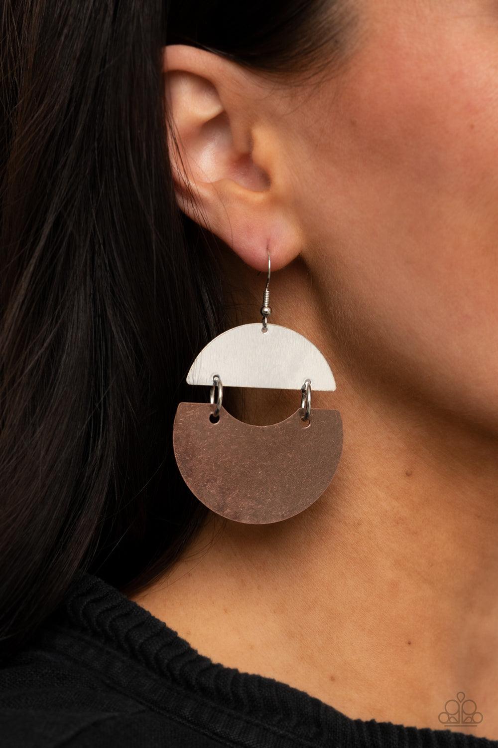 Paparazzi Accessories Watching The Sunrise - Copper An antiqued copper frame links to a shiny silver crescent, creating a rustic lure. Earring attaches to a standard fishhook fitting. Sold as one pair of earrings. Jewelry