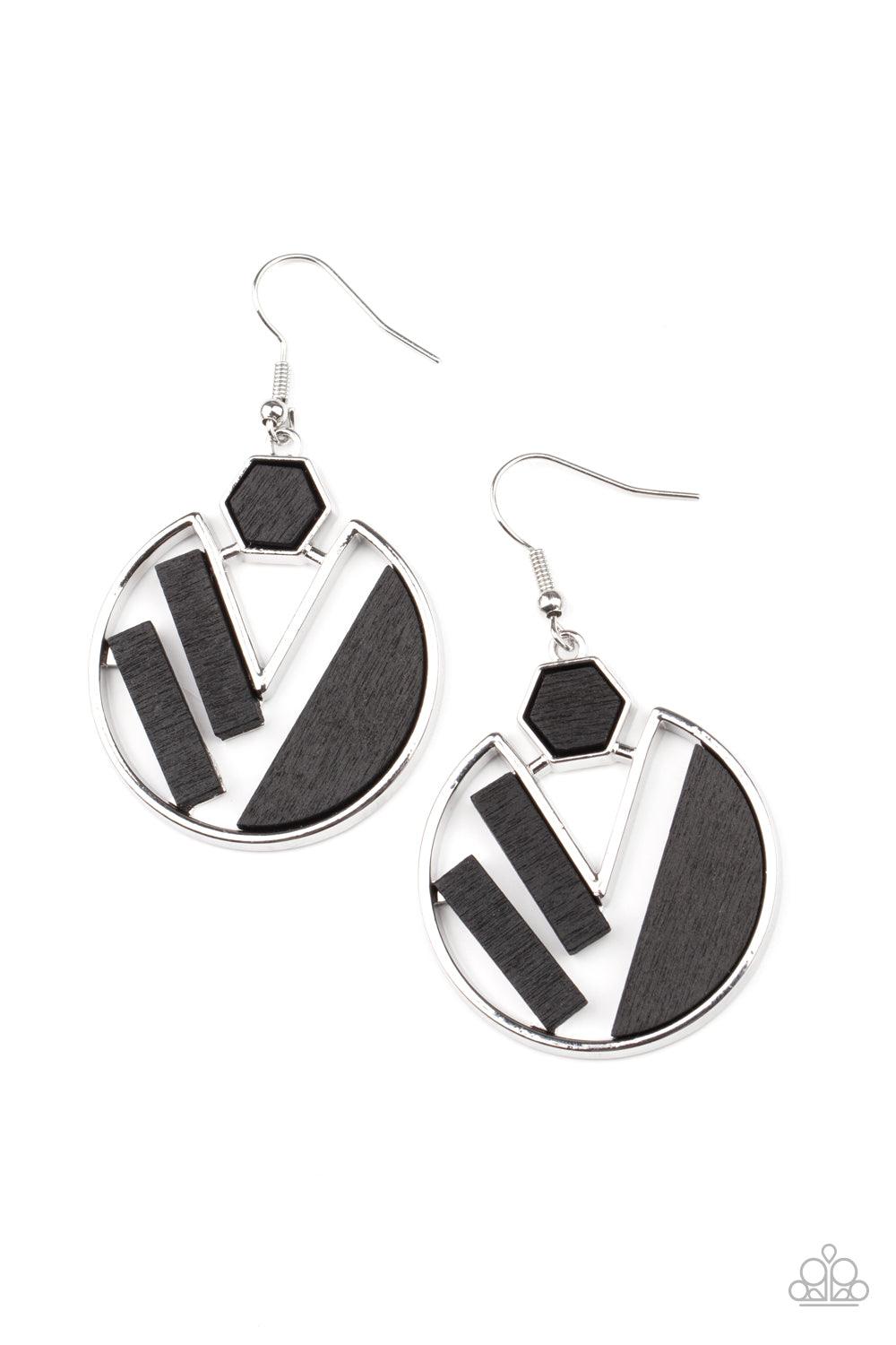 Paparazzi Accessories Petrified Posh - Black Painted in a black finish, flat wooden frames collect inside a geometric sliver fitting for a trendy fashion. Earring attaches to a standard fishhook fitting. Sold as one pair of earrings. Jewelry
