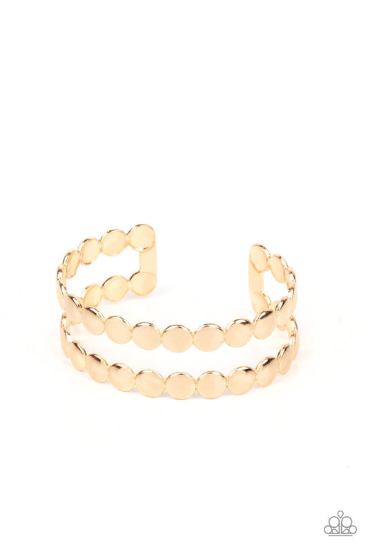 Paparazzi Accessories On The Spot Shimmer - Gold Brushed in a shiny finish, rows of flattened gold studs coalesce into a shimmery cuff around the wrist. Sold as one individual bracelet. Jewelry