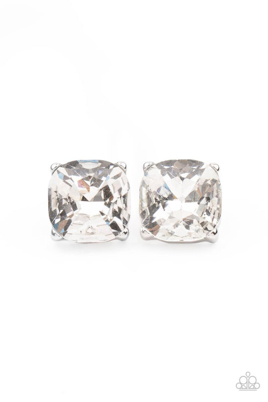 Paparazzi Accessories Royalty High - White A dramatically oversized white gem is nestled atop a pronged silver frame, creating a jaw-dropping dazzle. Earring attaches to a standard post fitting. Sold as one pair of post earrings. Jewelry