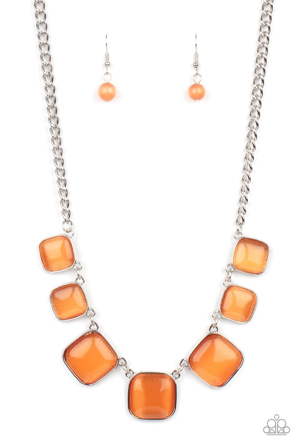 Paparazzi Accessories Aura Allure - Orange Encased in square silver fittings, a dewy collection of orange cat's eye stones gradually increase in size as they link below the collar for a whimsical pop of color. Features an adjustable clasp closure. Sold as