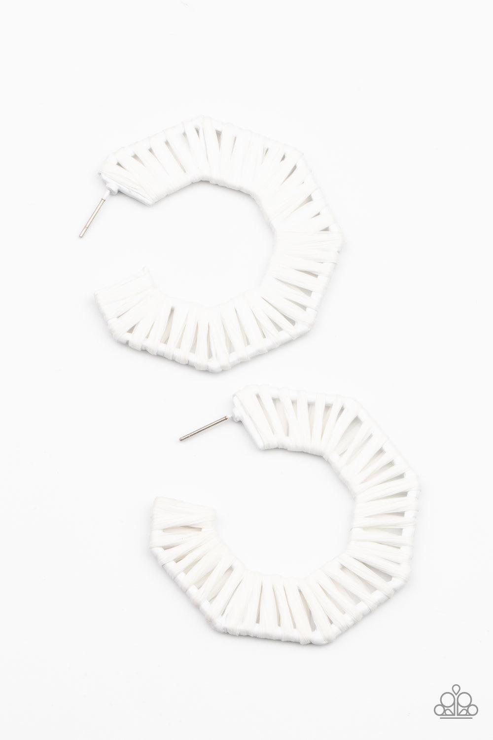 Paparazzi Accessories Fabulously Fiesta - White White wicker-like cording is wrapped around a hexagonal hoop, creating a colorful pop of color. Earring attaches to a standard post fitting. Hoop measures approximately 2" in diameter. Sold as one pair of ho