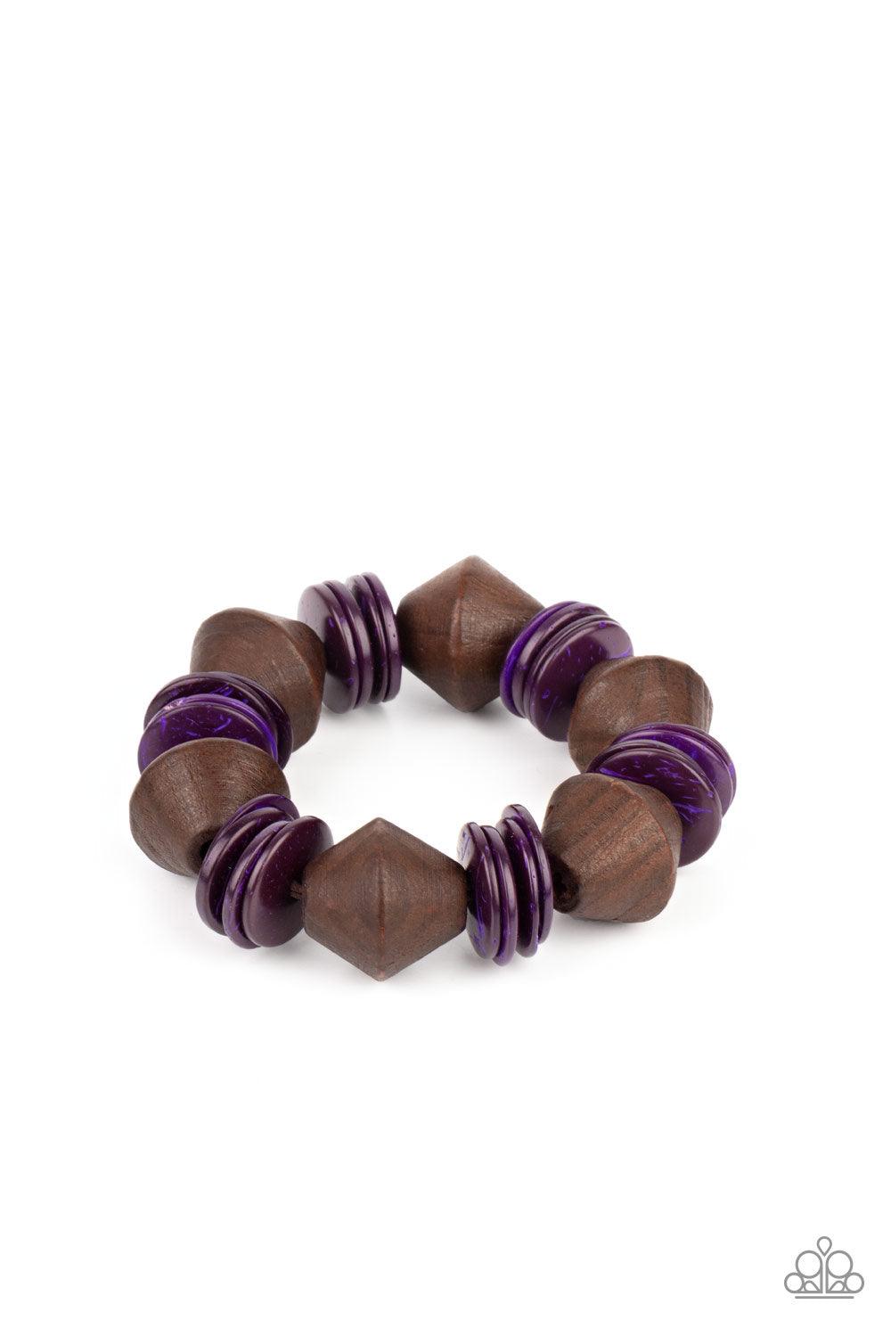 Paparazzi Accessories Bermuda Boardwalk - Purple Purple wooden discs and chunky brown wooden beads are threaded along a stretchy band around the wrist, creating a summery look. Sold as one individual bracelet. Jewelry