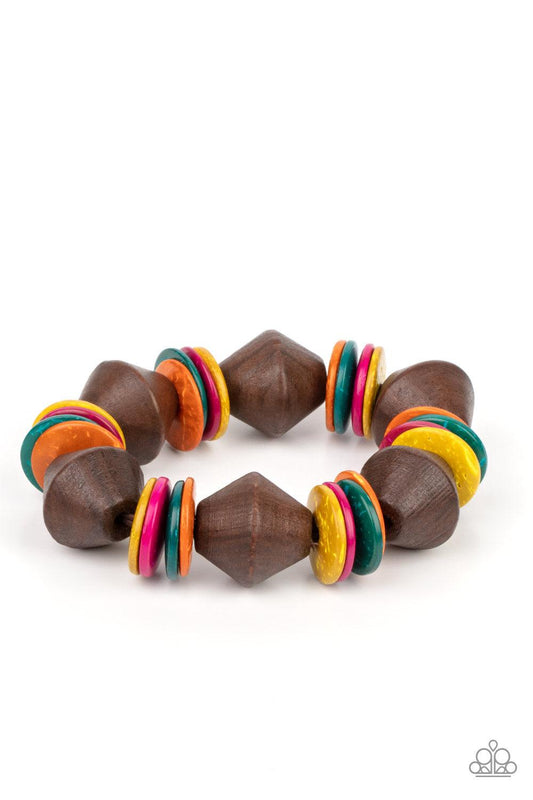 Paparazzi Accessories Bermuda Boardwalk - Multi Multicolored wooden discs and chunky brown wooden beads are threaded along a stretchy band around the wrist, creating a summery look. Sold as one individual bracelet. Jewelry