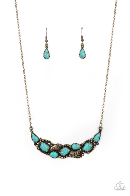 Paparazzi Accessories Cottage Garden - Brass A collection of asymmetrical turquoise stones adorns the front of a studded brass frame embossed in floral and feathery accents below the collar, creating a seasonal centerpiece. Features an adjustable clasp cl
