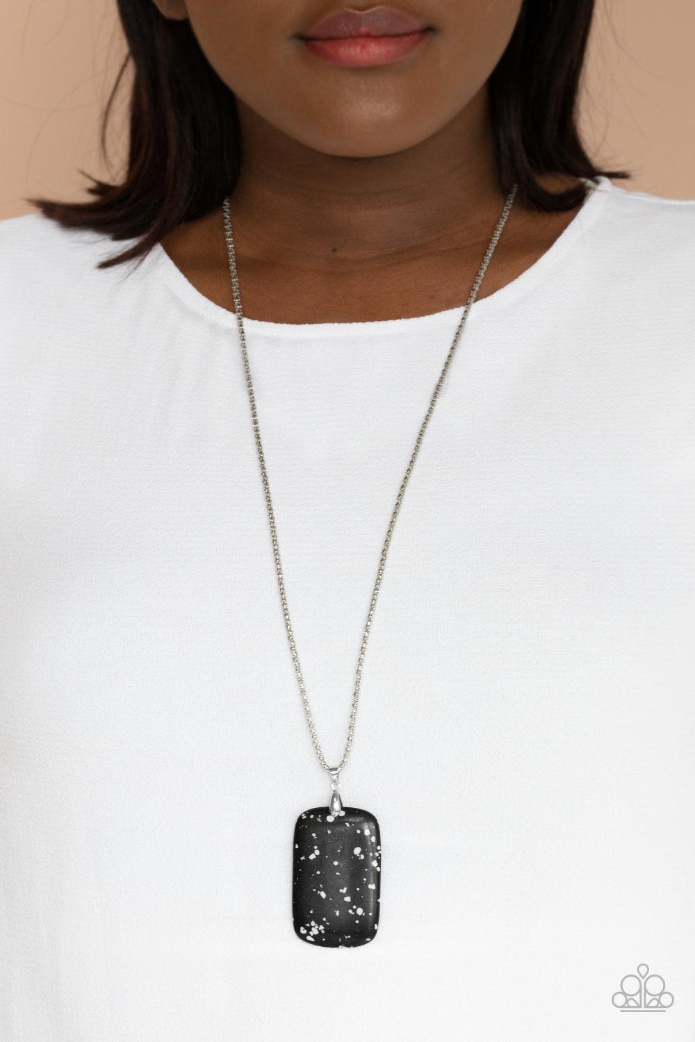 Paparazzi Accessories Fundamentally Funky - Black A speckled black stone pendant swings from the bottom of a lengthened silver popcorn chain in a colorfully earthy fashion. Features an adjustable clasp closure. Sold as one individual necklace. Includes on