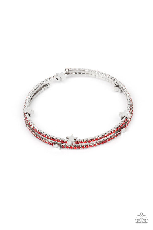 Paparazzi Accessories Let Freedom BLING - Red Dotted with dainty silver star charms, a bendable row of fiery red rhinestones spirals around the wrist, creating a sparkly infinity wrap bracelet. Sold as one individual bracelet. Bracelets