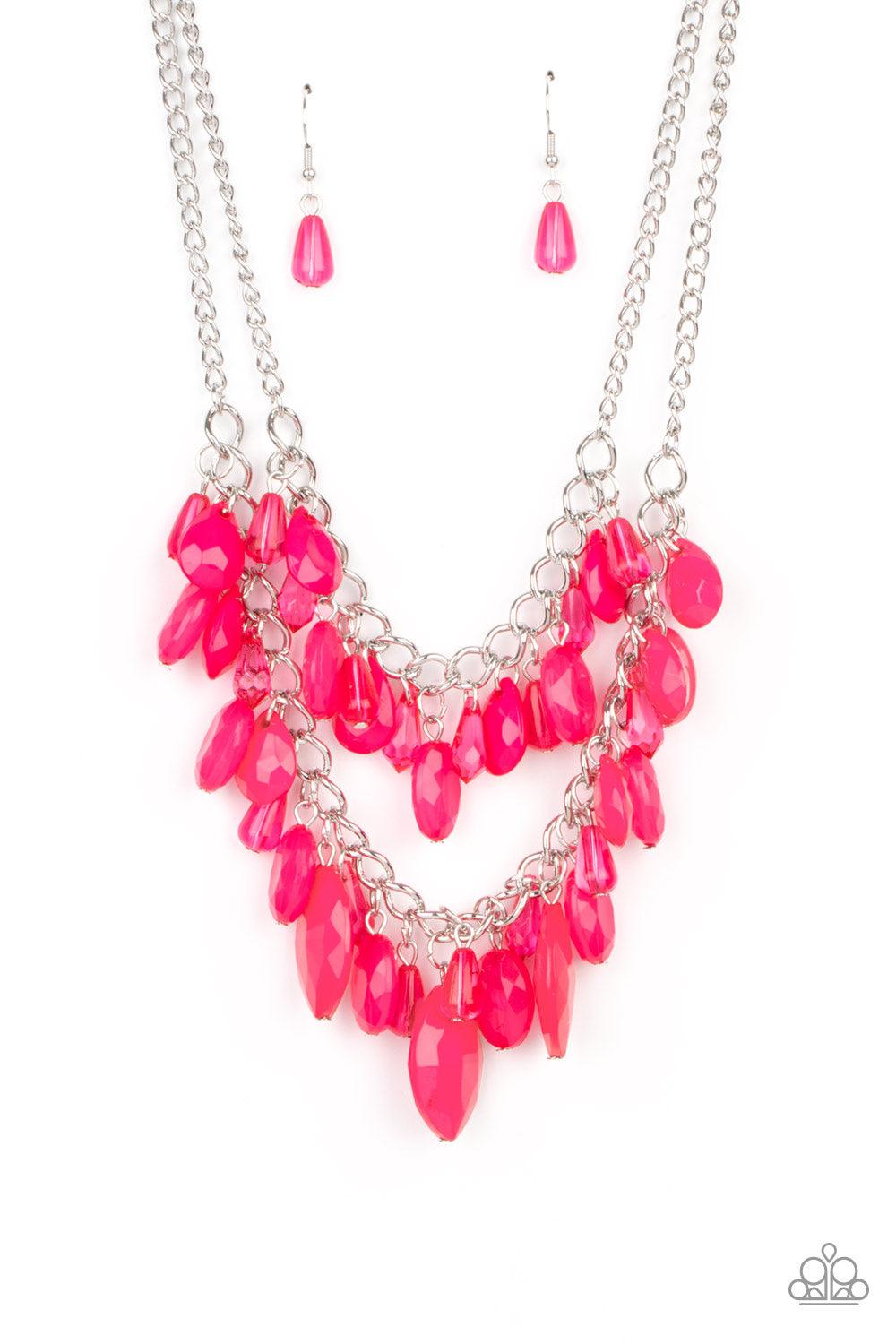 Paparazzi Accessories Midsummer Mixer - Pink Varying in opacity, a vivacious collection of pink oval and teardrop acrylic and crystal-like beads cascade from two bold silver chains below the collar for a flirtatiously layered look. Features an adjustable