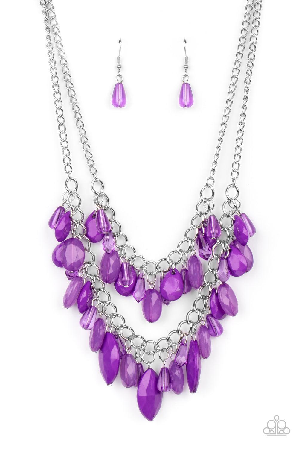 Paparazzi Accessories Midsummer Mixer - Purple Varying in opacity, a vivacious collection of purple oval and teardrop acrylic and crystal-like beads cascade from two bold silver chains below the collar for a flirtatiously layered look. Features an adjusta