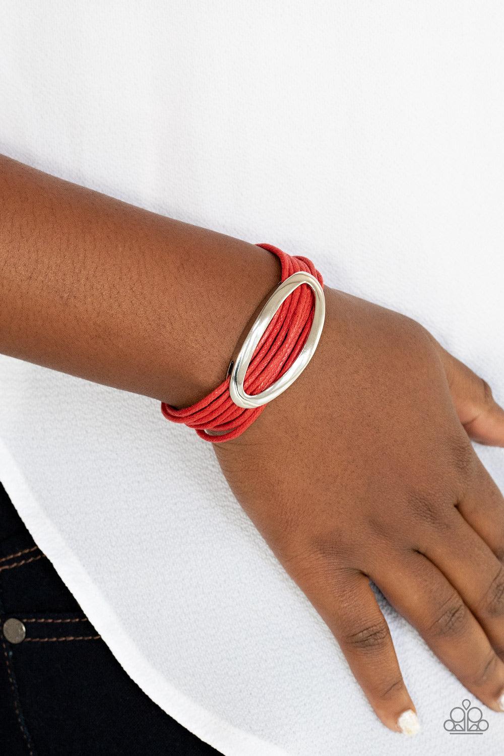 Paparazzi Accessories Corded Couture - Red An oval silver fitting glides along strands of red cording, creating colorful layers around the wrist. Features a magnetic closure. Sold as one individual bracelet. Jewelry