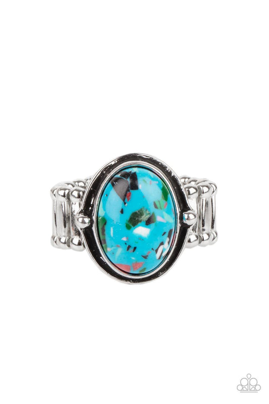 Paparazzi Accessories Terrifically Terrazzo - Blue Featuring a colorful terrazzo finish, a marbled blue stone is pressed into the center of a stacked silver frame for a funky pop of color. Features a stretchy band for a flexible fit. Sold as one individua