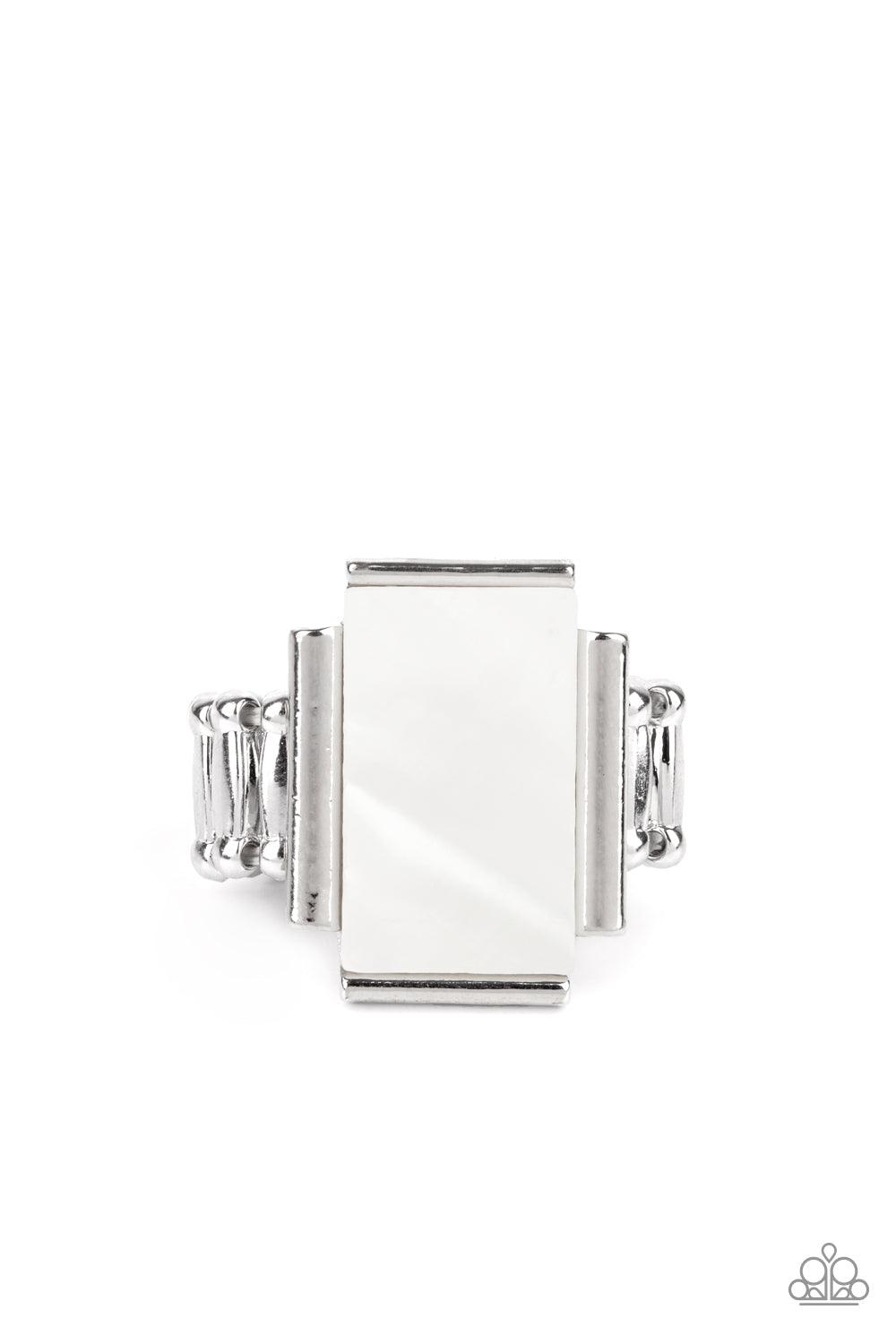 Paparazzi Accessories Mystical Marinas - White Featuring an iridescent shimmer, a white shell-like rectangle is nestled between silver bar-like fittings atop the finger for a mystical look. Features a stretchy band for a flexible fit. Sold as one individu