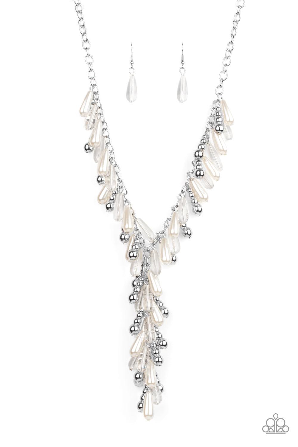 Paparazzi Accessories Dripping With DIVA-ttitude - White Glassy, pearly, and silver beaded teardrops elegantly drip along a classic silver chain across the chest. Matching beads cascade from an extended tassel, creating a glamorously clustered pendant. Fe