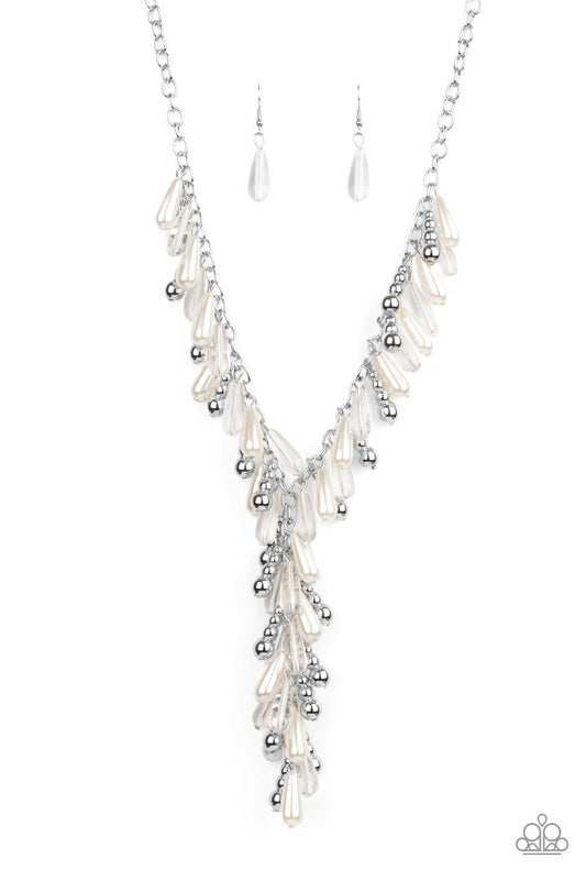 Paparazzi Accessories Dripping With DIVA-ttitude - White Glassy, pearly, and silver beaded teardrops elegantly drip along a classic silver chain across the chest. Matching beads cascade from an extended tassel, creating a glamorously clustered pendant. Fe
