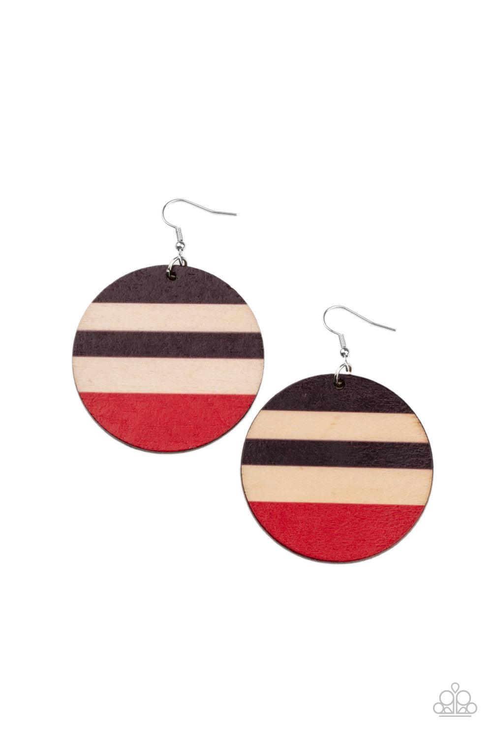 Paparazzi Accessories Yacht Party - Red The front of a shiny wooden disc is striped in purplish-brown and red accents, creating a colorful summery look. Earring attaches to a standard fishhook fitting. Sold as one pair of earrings. Jewelry