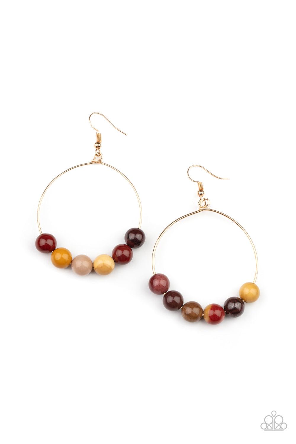 Paparazzi Accessories Let It Slide - Multi An oversized collection of earthy stones slide along the bottom of a dainty gold hoop, creating an earthy centerpiece. Earring attaches to a standard fishhook fitting. Sold as one pair of earrings. Jewelry