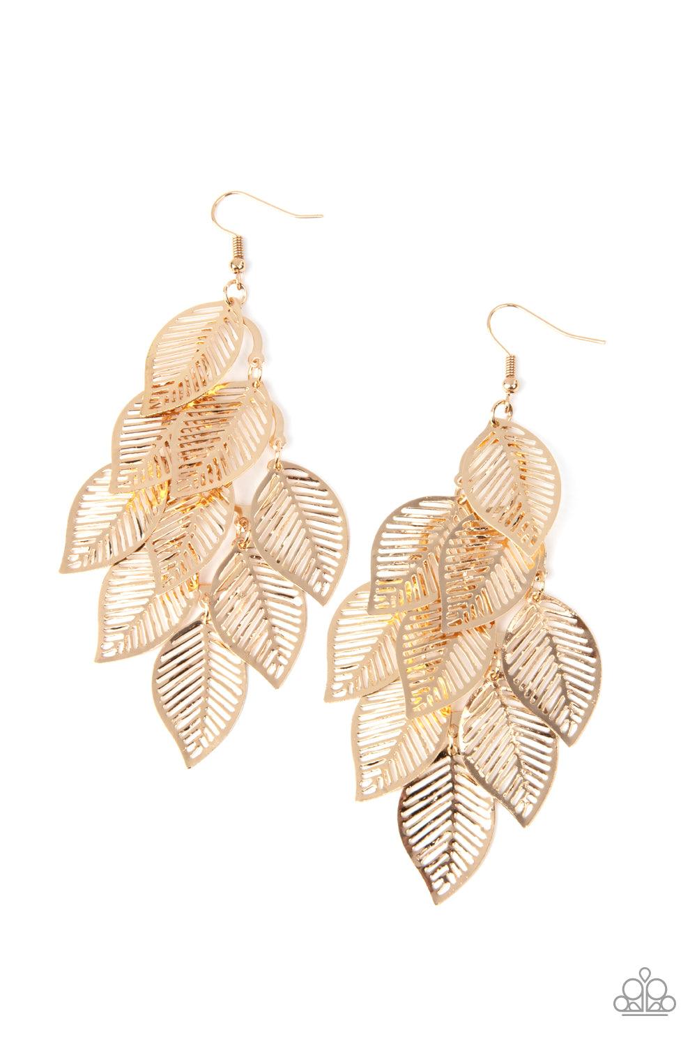 Paparazzi Accessories Limitlessly Leafy - Gold Stenciled gold leaf frames cascade from a gold netted fitting, creating a shimmery leafy fringe. Earring attaches to a standard fishhook fitting. Sold as one pair of earrings. Jewelry
