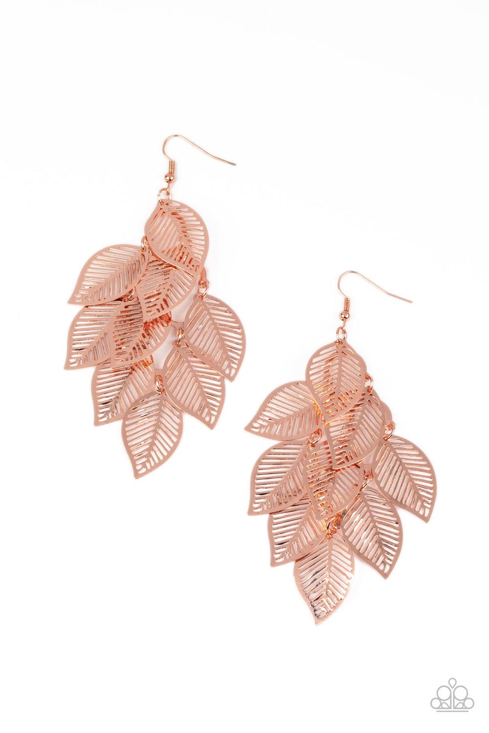 Paparazzi Accessories Limitlessly Leafy - Copper Stenciled shiny copper leaf frames cascade from a shiny copper netted fitting, creating a shimmery leafy fringe. Earring attaches to a standard fishhook fitting. Sold as one pair of earrings. Jewelry